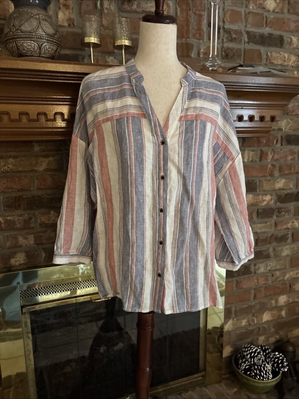 Marc New York Red White & Blue 100% Linen Blouse Size Large 3/4 Sleeves Beachy